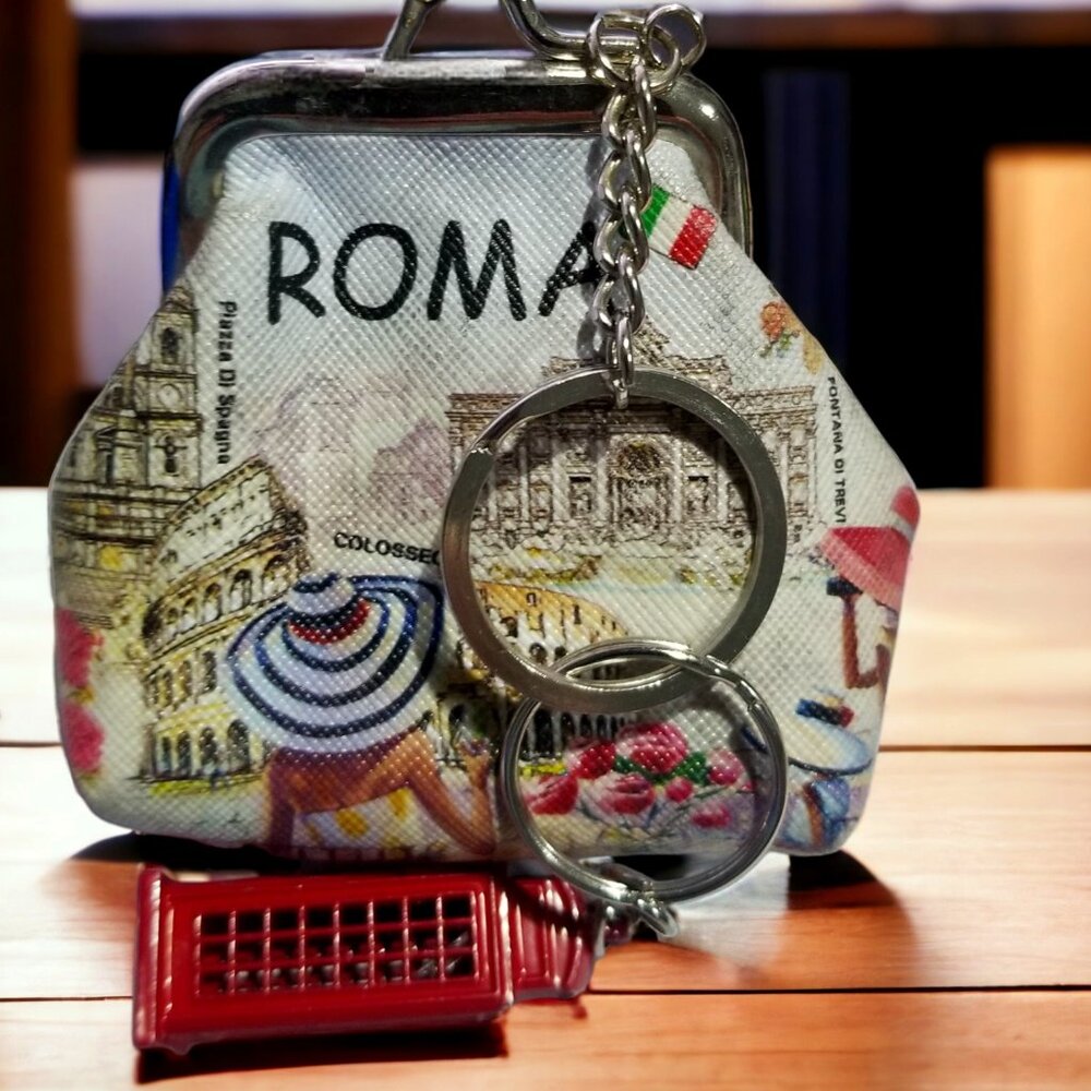 Roma Italy's Coin Purse &  British Keychain London's Red Telephone Booth